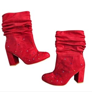 Irregular Choice Red Suede Ankle Boots with Rhinestone Detailing